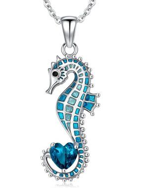 Sterling Silver Seahorse Necklace with Heart Birthstone Pendant for Women